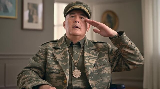 Elderly man in military uniform saluting, representing respect and commemoration