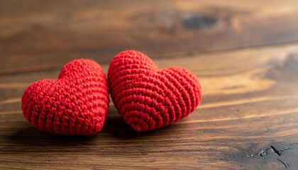 Knitted red hearts on wood, sunset bokeh background, warm light, love and connection theme