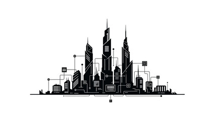 Obraz premium Stylized Black and White Cityscape Illustration with Geometric Accents.
