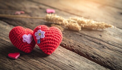 Knitted red hearts on wood, sunset bokeh background, warm light, love and connection theme
