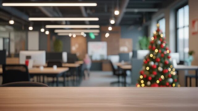 Festive office decoration with a Christmas tree creating a cozy and celebratory atmosphere during the holiday season, perfect for seasonal business campaigns and corporate events
