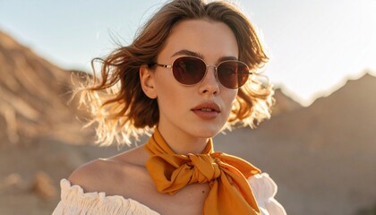 Stylish portrait with round sunglasses, light scarf, soft glow, neutral background, fashion elegance