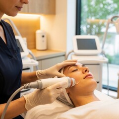 Female aesthetician performing facial treatment on a woman in a modern spa environment, showcasing skincare technology and relaxation in a serene atmosphere