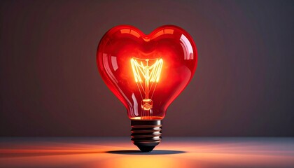 Heart-shaped light bulb glowing, red-orange filament, dark background, love and inspiration symbol