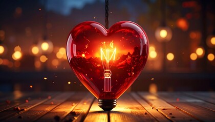 Heart-shaped light bulb glowing, red-orange filament, dark background, love and inspiration symbol