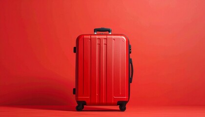 Red hard-shell suitcase upright, ribbed design, telescopic handle, monochrome background, travel gear close-up