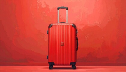 Red hard-shell suitcase upright, ribbed design, telescopic handle, monochrome background, travel gear close-up
