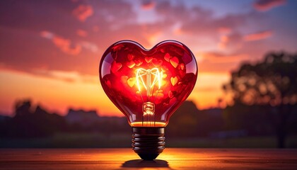 Heart-shaped light bulb glowing, red-orange filament, dark background, love and inspiration symbol