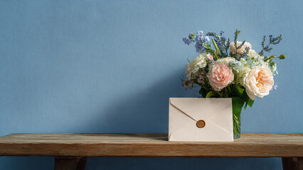 Bouquet and envelope with wax seal on bench against blue wall