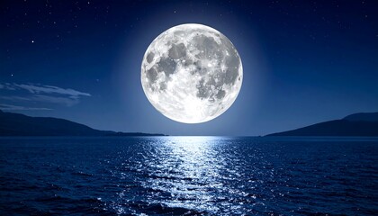 Full Moon Shining Brightly Over Calm Ocean Waters at Night.