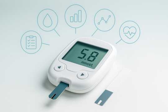 Blood sugar monitor showing 5.8 mmol/L with test strip and health icons for glucose, heart rate, and data analysis in soft background