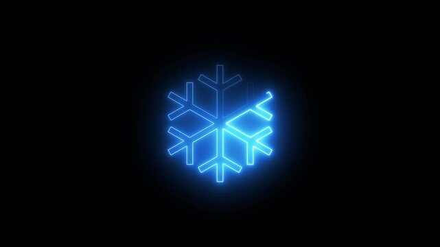 Neon snowflake icon animation on black background, 4k video