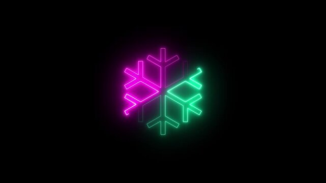 Neon snowflake icon animation on black background, 4k video