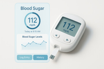 Blood sugar monitor showing glucose level 112 mg/dL with digital display and tracking graph for health management and diabetes care