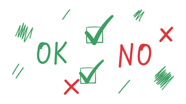 Decision symbols: OK, NO and Check mark: Simple visual representation of choices and decisions. The image communicates the concept of validation and rejection.