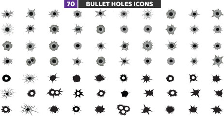 Bullet Holes and Gunshot Cracks Icons Set, Realistic Broken Glass Damage Vector Collection © Rahib