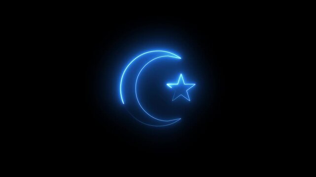 Neon Crescent Moon and Star neon icon animation depicting the Islamic symbol of a crescent moon and star on a black background, 4k video