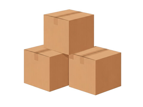 Stack of three cardboard boxes isolated on transparent background