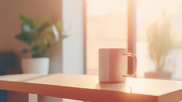 White ceramic mug on a wooden table, bathed in warm morning sunlight by a window, soft bokeh plant in the background conveying cozy, peaceful breakfast or coffee break moments