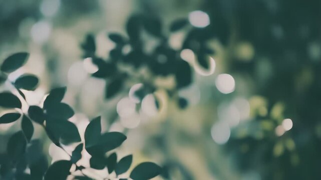 Green leaves on a delicate branch silhouetting against a soft, sun dappled blurred background with natural bokeh, symbolizing freshness, growth, and natural beauty