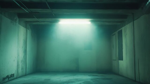 Empty concrete basement room illuminated by a single fluorescent light casting an eerie green glow through a thick fog, creating a mysterious and suspenseful atmosphere