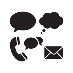 Black Communication Icon Set Featuring Speech Bubbles Envelopes and Phone Handset.