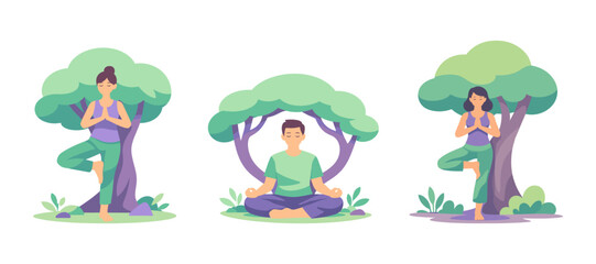 Fototapeta premium Yoga meditation people practicing outdoors under trees. Calm characters in relaxation poses surrounded by nature