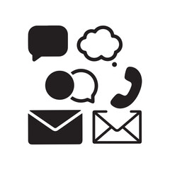 Black Communication Icon Set Featuring Speech Bubbles Envelopes and Phone Handset.
