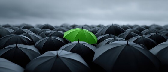 Fototapeta premium The Umbrella in Green Standing Out Among a Sea of Black Umbrellas