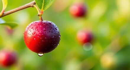 Juicy red berries with water droplets on a branch