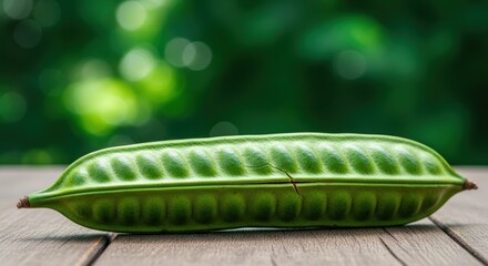 Green pod on a wooden surface with blurred background