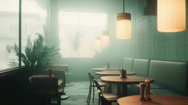 Diner interior with empty booths and tables under warm hanging lights, retro modern decor and soft ambient daylight creating a calm, nostalgic, and peaceful dining atmosphere