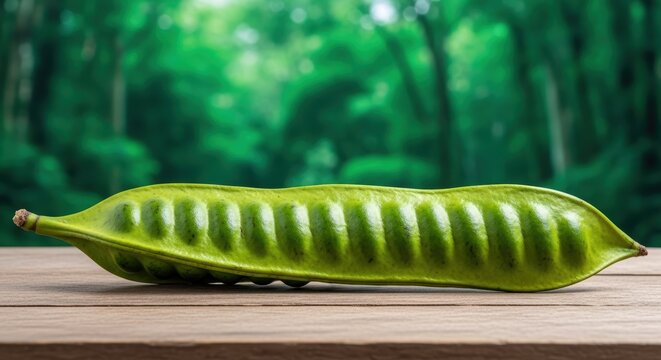 Fresh green petai bean on wooden table outdoors