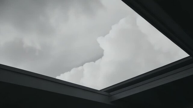 Modern architectural skylight opening provides a clear perspective of the expansive light gray cloudy sky above, emphasizing elements of nature and contemporary design
