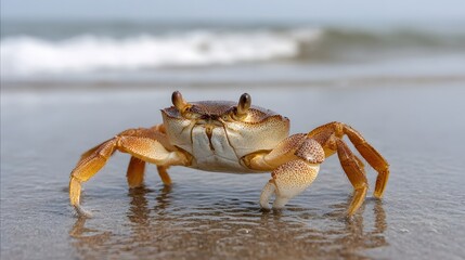 A close up view of a brown crab standing on wet beach sand with the ocean waves blurred in the background