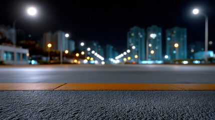 Fototapeta premium Empty urban street night cityscape, asphalt road, blurred modern building, glowing streetlight, peaceful atmosphere, blue tone