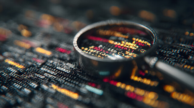 Magnifying glass examining computer code and data streams symbolizing cybersecurity investigation and digital forensics.