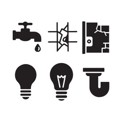 Home Repair and Maintenance Utility Icons Representing Plumbing Electrical Services and House Renovation. 