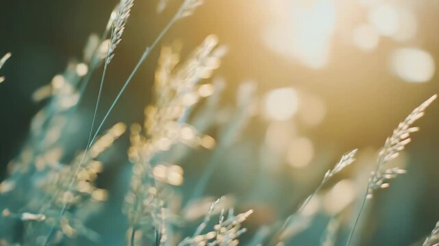 Wild grass and spiky plants sway against a warm, sunlit background with soft bokeh, creating a peaceful scene representing natural growth and tranquility in a tranquil outdoor environment