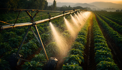Center pivot irrigation system waters green crops in a sunlit field. Sprinklers spray water droplets over young plants. Modern farm tech aids growth for better harvests. Farming is efficient.