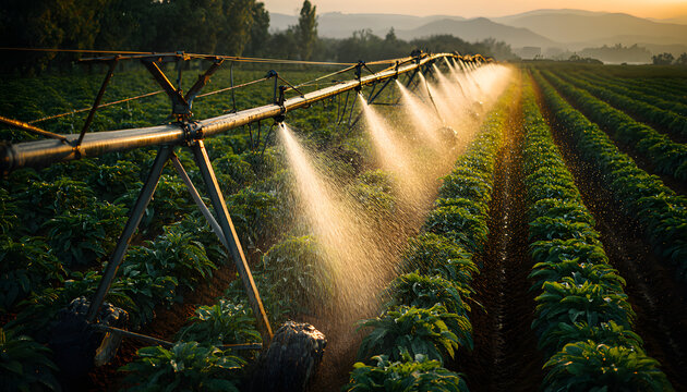 Center pivot irrigation system waters green crops in a sunlit field. Sprinklers spray water droplets over young plants. Modern farm tech aids growth for better harvests. Farming is efficient.