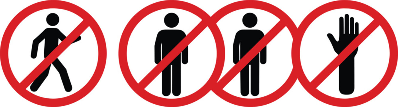 No Entry and Pedestrian Prohibited Sign Set with Walking Figure and Hand Icons for Private Property and Safety Vector Illustration