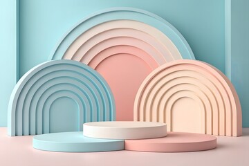 Pastel Arches with Podium Display &ndash; Strategy, Abstract, Conceptual, Geometry, Design, Color, Symmetry, Minimal, Promotion, Background, Product Background 