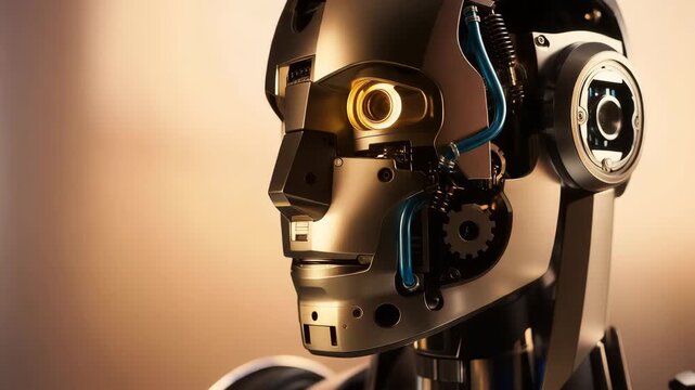 Humanoid robot face in profile with exposed mechanical components and camera eye