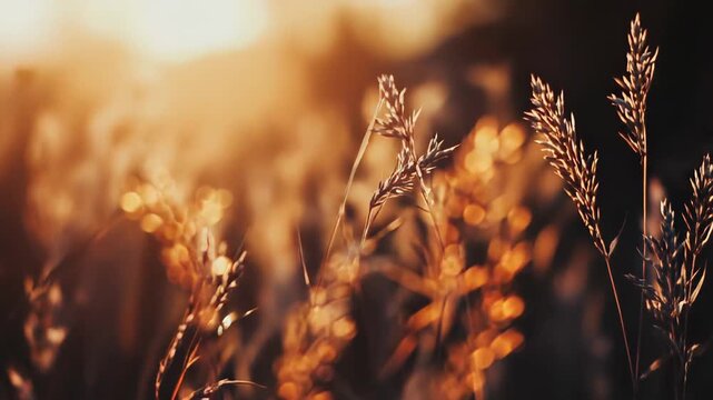 Golden hour sunlight backlighting tall grass and wild stalks in a tranquil meadow, warm golden glow and soft bokeh creating a peaceful, idyllic countryside scene