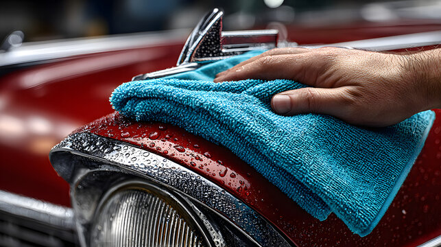 Professional car detailing showing hand with blue microfiber cloth polishing chrome door handle and trim, water beads on glossy paint, precise automotive care in workshop with blurred background