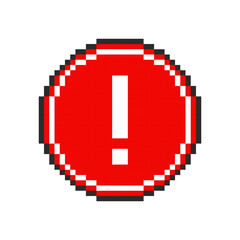 Obraz premium Warning exclamation mark pixel symbol. Vector illustration.
