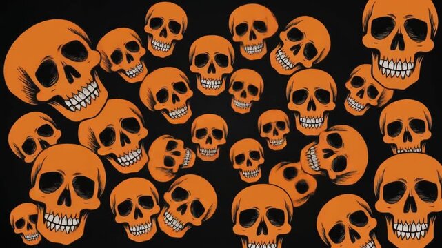 A Halloween background filled with spooky orange skulls scattered across a dark, textured surface, perfect for festive decorations and spooky invitations