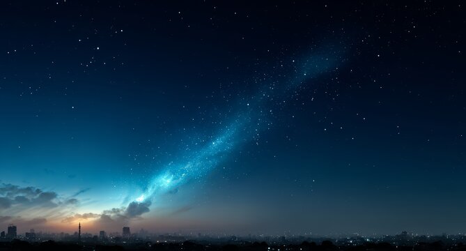 The sky is a deep blue with a bright, glowing moon and a multitude of stars scattered throughout. A long. Below