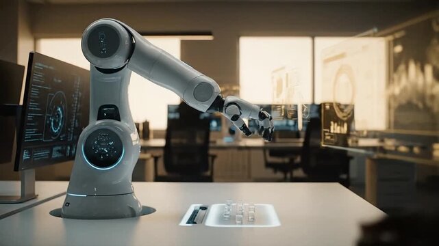 Robotic arm reaching toward keyboard on white office desk captured from a side angle, highlighting modern technology in a bright workspace with windows and surrounding workstations